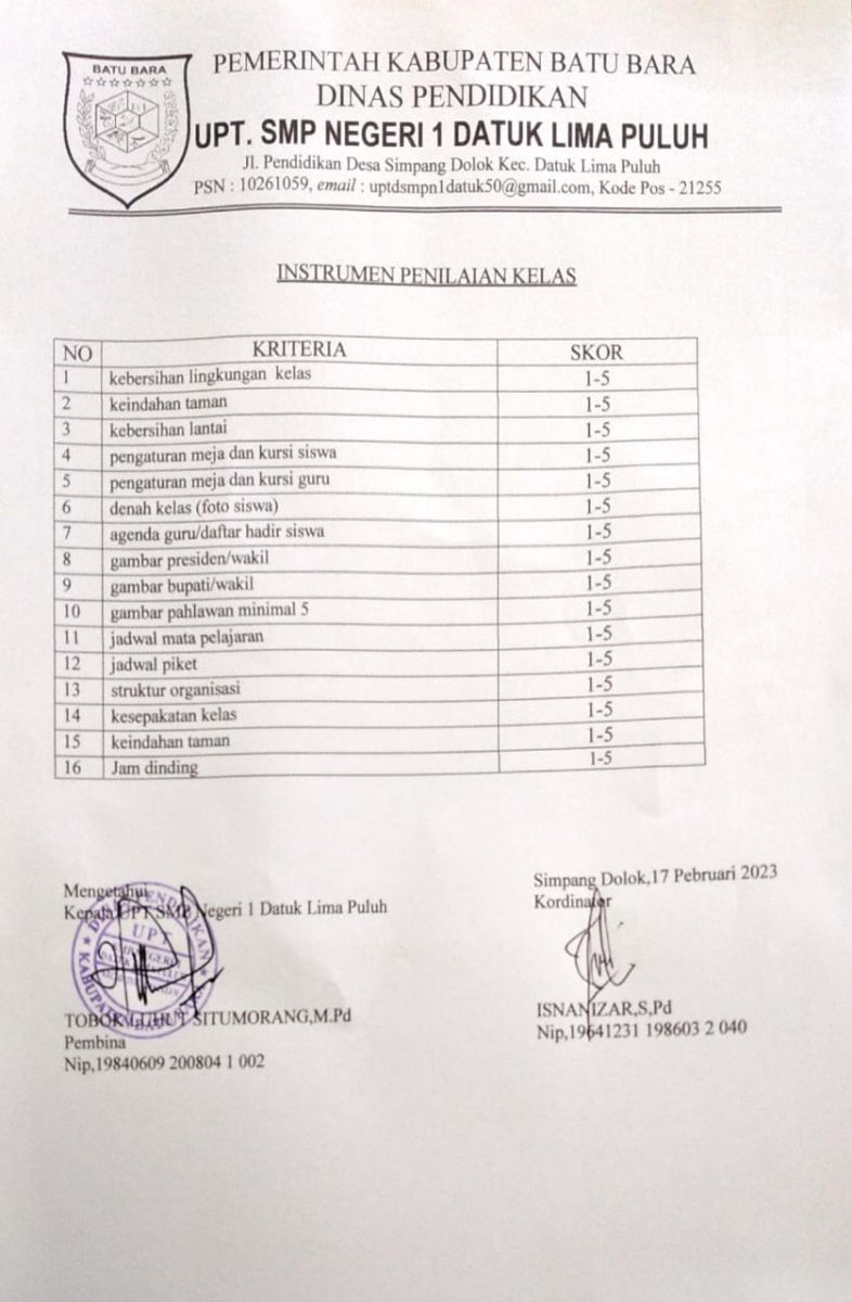 UPT. SMP NEGERI 1 DATUK LIMA PULUH | INSTRUMEN PENILAIAN KELAS